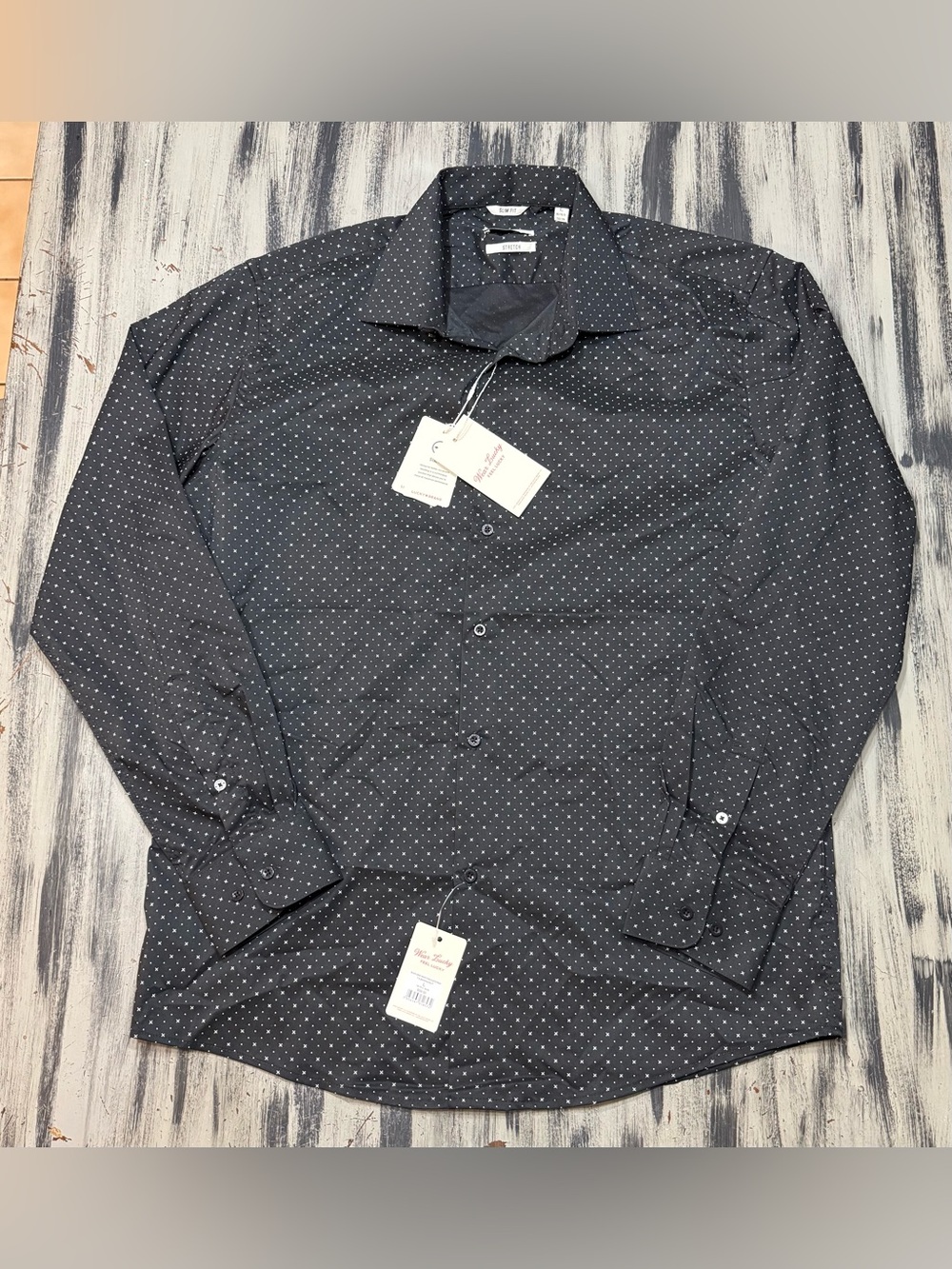 Lucky Brand Light Stretchy Fabric Black Button-Up Shirt with White Stars  NWT!
